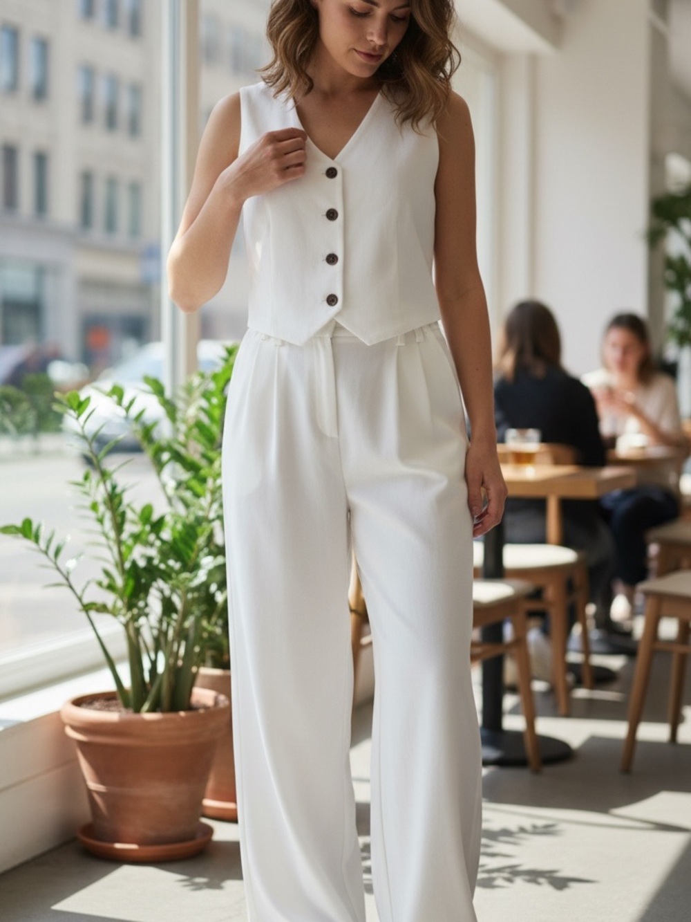Women’s White Two Piece Set Vest Top & Wide Leg Pants Size M Resort Vacation Out